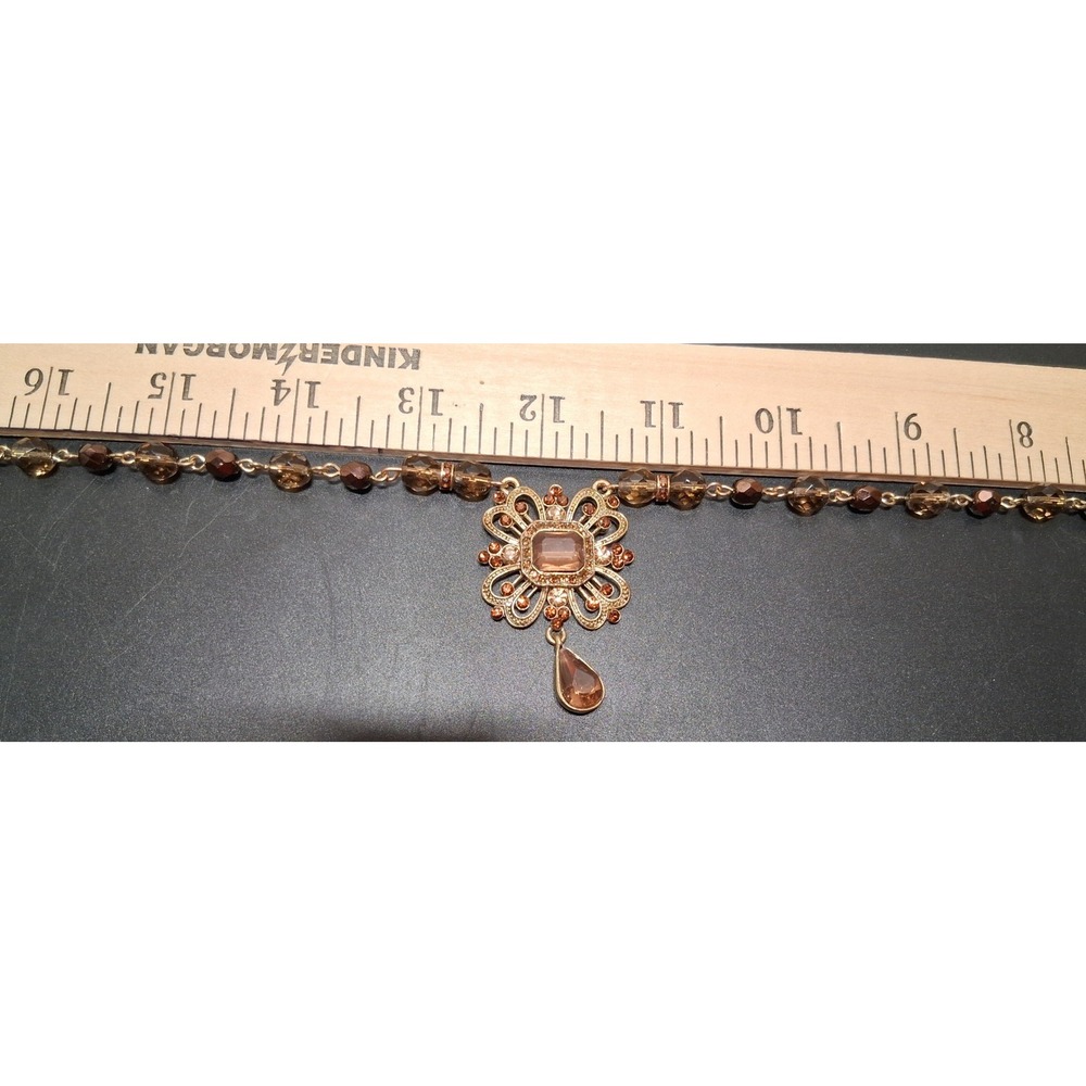 Avon Vintage Gold Tone Filigree Smoky Topaz Amb, Crystal Beaded Pendant Necklace - Picture 7 of 14